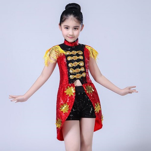 Girls jazz dance outfits street black red paillette modern dance hiphop video stage performance competition tuxedo tops and shorts